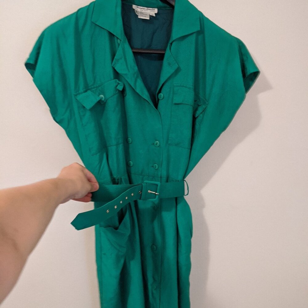 FREE SHIPPING!!! 100% silk vintage Christmas green dress, lightweight modest